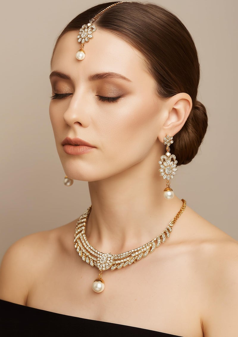 Touchstone Indian gold jewelry sets for women bollywood wedding guest desi chunky necklace maang tikka set pearl bridal artificial simple formal outfits white rhinestone accessories - Image 4